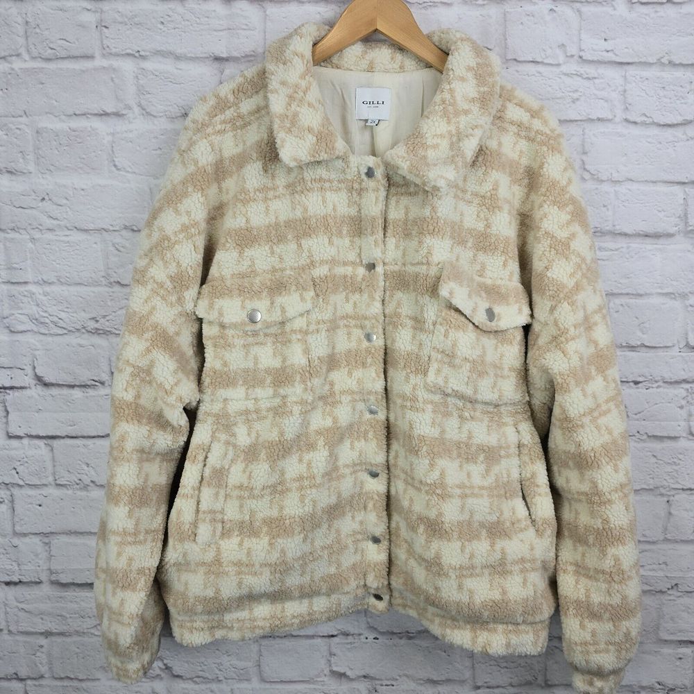 Gilli‎ Women's 2X Plaid Sherpa Shacket Polyester Snap Front Pockets Oversized